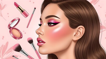 Pink beauty glamour with glowing makeup, flowers, butterflies, and cosmetics