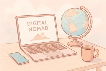 Digital nomad lifestyle illustration with laptop, globe, coffee, and smartphone