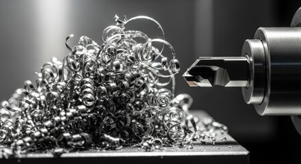 Metal shavings from machining process are on a workshop bench next to a carbide cutting tool