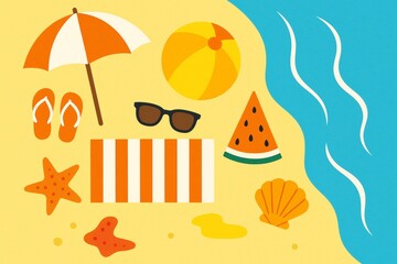 Summer beach scene with umbrella, sunglasses, and watermelon slice