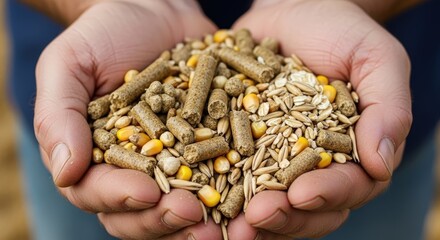 Hands holding diverse animal feed mixture including pellets, corn kernels, and oat grains for farm animals