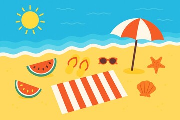 Summer beach scene with watermelon, sunglasses, and a beach umbrella