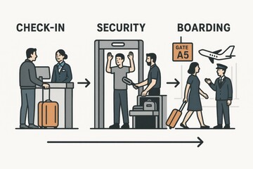 Airport check-in, security, and boarding process illustrated in a diagram