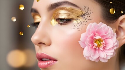 Pink beauty glamour with glowing makeup, flowers, butterflies, and cosmetics