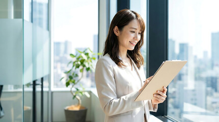Smiling Asian businesswoman reviewing documents in a modern office standing by a large window with a city view for corporate or business use