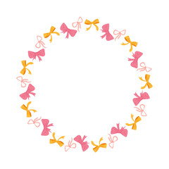 Whimsical bows circle frame with yellow, red and pink ribbons. Vector hand drawn cartoon illustration for packaging design, card templates, decorative border, invitationss