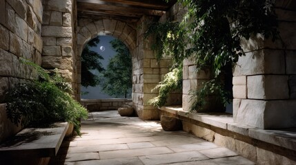 An ancient stone courtyard with ivy and plants, at night, moonlight shining through an arched window, stone benches and lush greenery.
