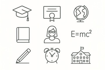 Education and learning icons, including graduation, school, and science symbols