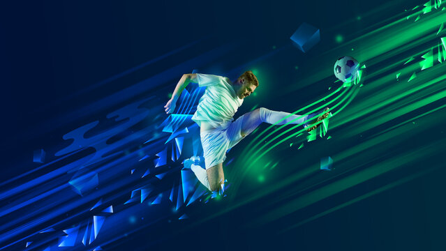 Futuristic sports poster of male footballer kicking ball in green blue streaks. Concept of athletic branding, dynamic sports campaigns, body in motion visuals, modern competitive imagery.