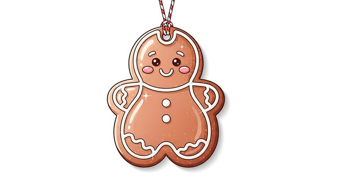 A charming illustrated concept of a gingerbread man cookie designed as a festive hanging Christmas tree ornament