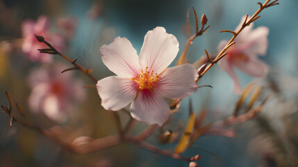 Fototapeta premium A close up of a white and pink flower with a yellow center on a branch in soft focus light