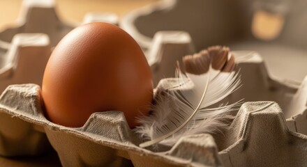 A single brown chicken egg and a soft white feather resting in a brown cardboard egg carton on a bright day