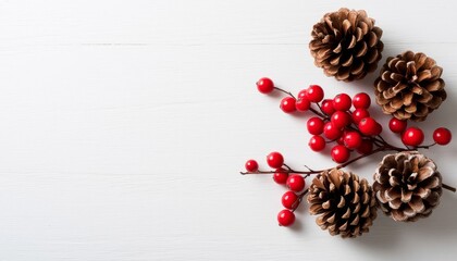 Pine cones and red berries branch creating a festive border on white wooden background, symbolizing christmas holiday season and winter decor with copy space marketplace product card