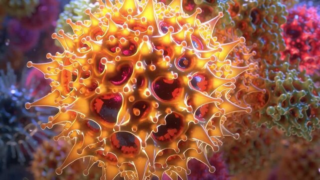 Immune system defense Picture a dramatic conceptual scene where brightly colored immune cells (phagocytes) are aggressively engulfing dark, spikey virus particles, resembling an epic biological battle