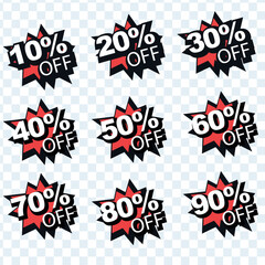 A vector sticker set featuring eye-catching discount badges ranging from 10 to 90 percent off. These bold, promotional graphics are ready to use for e-commerce sales, seasonal marketing campaigns