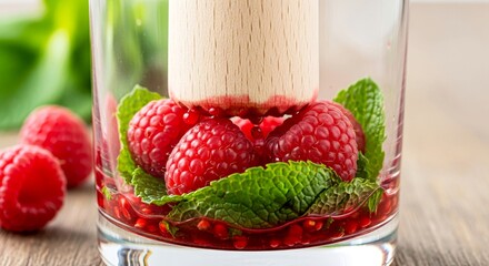 Fresh raspberries and mint being crushed in glass for cocktail  