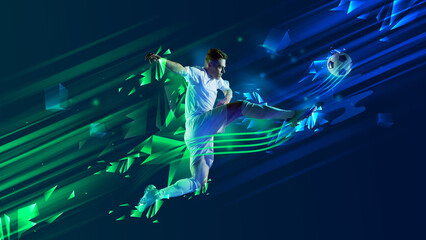 Dynamic sports composition of male footballer performing high kick mid-air. Concept of football promo visuals, energetic sports advertising, motion graphics for athletic branding.