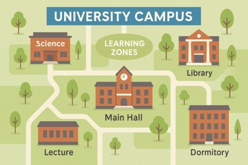 Illustrated university campus map with buildings, roads, and trees for education.