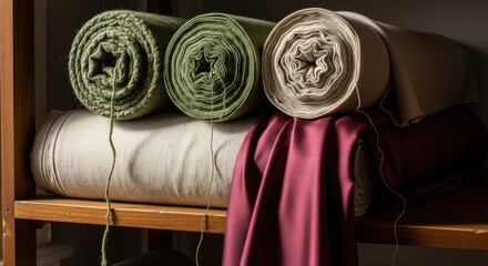 Different rolls of green, cream, and red fabrics neatly stacked on a brown wooden shelf in a textile shop