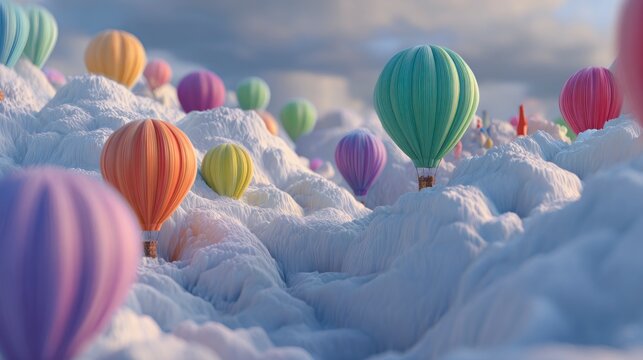Colorful hot air balloons over snowy mountains
