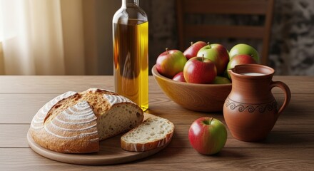 Fresh baked bread, olive oil bottle, a bowl of red and green apples, and a clay jug with milk on a wooden table