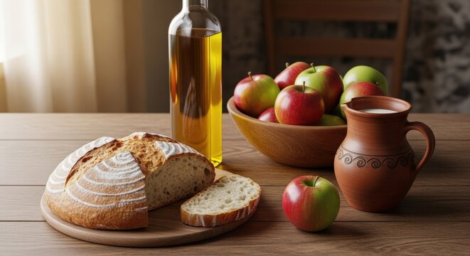 Fresh baked bread, olive oil bottle, a bowl of red and green apples, and a clay jug with milk on a wooden table
