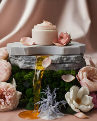 Luxury body cream jar on grey veined stone with emerald moss, pink and white flowers. Honey drips between rocks under soft diffused pink light for elegant skincare presentation.