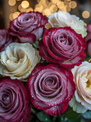 Luxury crimson and ivory rose bouquet captured with warm bokeh. Elegant, soft-focused floral composition highlighting romantic and high-end aesthetic for editorial or decorative use.