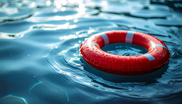 Red life preserver floating gently on water surface, safety and protection concept., soft ripples - Powered by Adobe