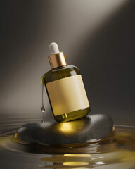 Luxury glass dropper bottle with gold collar on dark grey rock, glistening oil droplets and amber oil. Soft dramatic moody lighting emphasizes elegance and high-end skincare presentation.