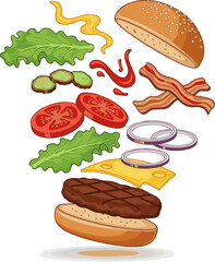 Create a kinds of deferent Burger ingredients levitation vector art with white background..