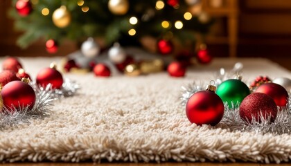 Festive christmas ornaments and tinsel framing a soft cream shag rug, with blurred, glowing holiday tree lights in the background for a warm, cozy seasonal scene copy space marketplace product card