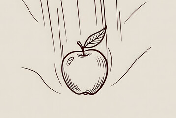 Hand-drawn illustration of a falling apple with a leaf, depicting motion and simplicity, representing nature's bounty and organic freshness in a minimalist style