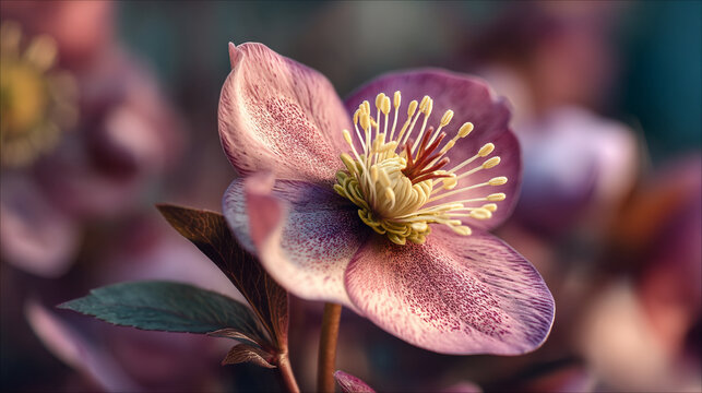 Close up shot of a hellebore flower with yellow stamens and pink petals in soft focus setting