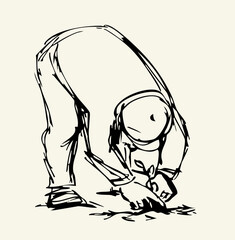 Vector drawing. A gardener weeding a garden