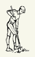 Vector drawing. A gardener dig a soil