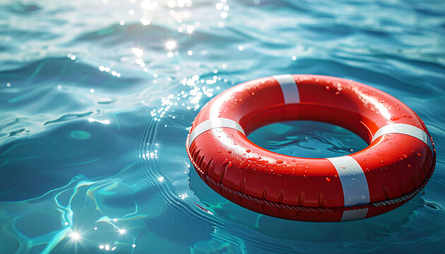 Red life preserver floating gently on water surface, safety and protection concept., soft ripples