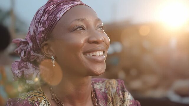 A woman adorned in a vibrant patterned headscarf stands confidently amidst a bustling market atmosphere filled with lively conversations. The colorful clothing reflects the rich cu