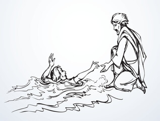 Vector drawing. Jesus helps man in a storm