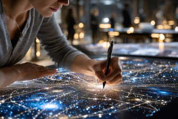 Woman drawing network map on interactive table