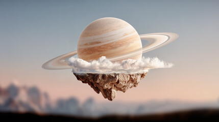 A floating planet with rings above a cloud island as a fantastic cosmic illustration