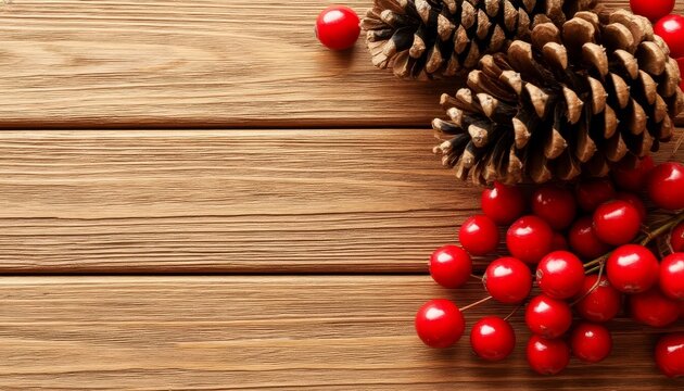 Pine cones and red berries creating a rustic winter holiday background on a textured wooden table, offering copy space for festive designs and seasonal greetings christmas marketplace product card - Powered by Adobe