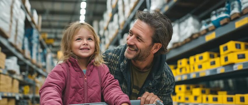 A young girl and her father are shopping in a do-it-yourself hardware store with a children's cart.