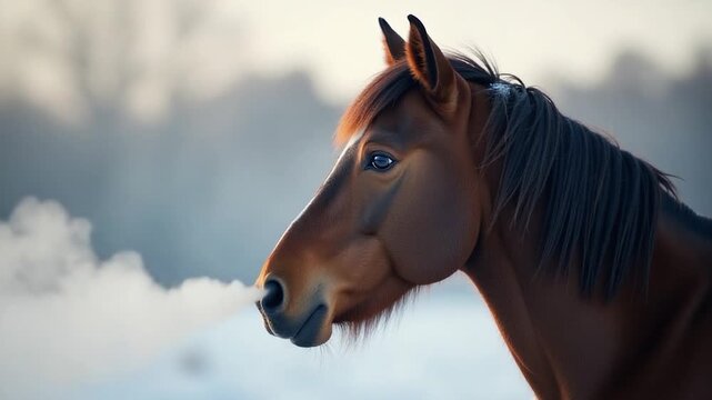 Video A close-up of a horse's face covered in snow, with bright eyes and nostrils