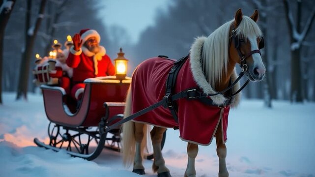 Video A horse is seen pulling a sleigh, with Santa Claus visible in the background