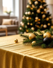 Golden glitter christmas table setting with elegant decorations, pine branches, and festive ornaments bringing holiday cheer in a home environment copy space marketplace product card background