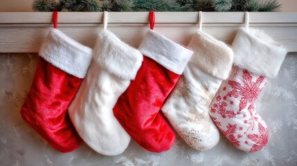 Flat-lay Christmas stock photo: vivid red fur stocking isolated on white, copy-space for e-commerce hero, banner or greeting card, ultra-sharp realistic capture
