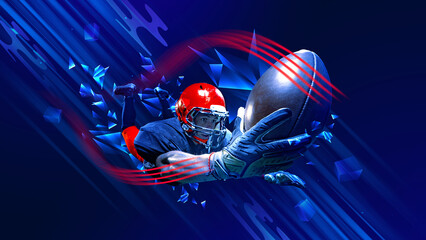 High-impact sports poster of American football player diving for ball. Concept of team-sport promotion, athletic strength visuals, dynamic advertising compositions, competitive action imagery.