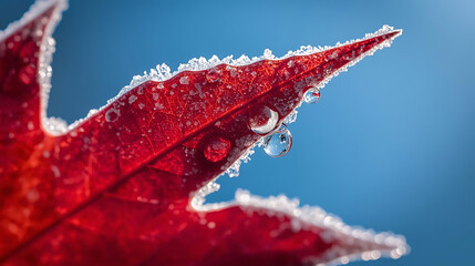 Macro Shot of a Red Maple Leaf Covered in Frost and Water Droplets Against a Bright Blue Sky, Capturing the Beauty of Winter and Nature's Delicate Details
