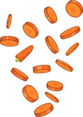 Create a kinds of deferent Falling carrot slice vector art with white background.